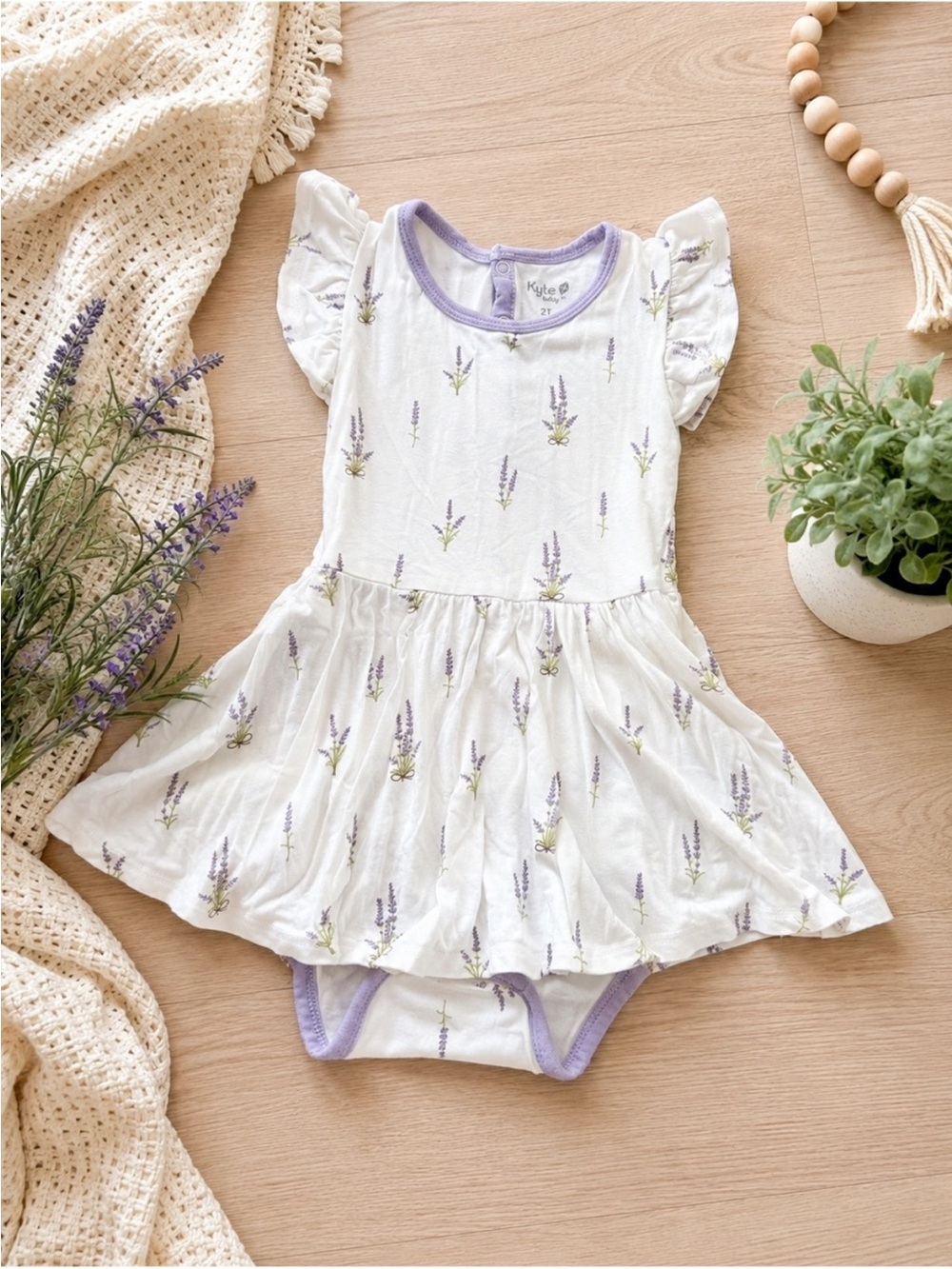 Kyte BABY Lavender Bamboo Ruffle Dress Bodysuit 2T | Spring 2023 Retired Print